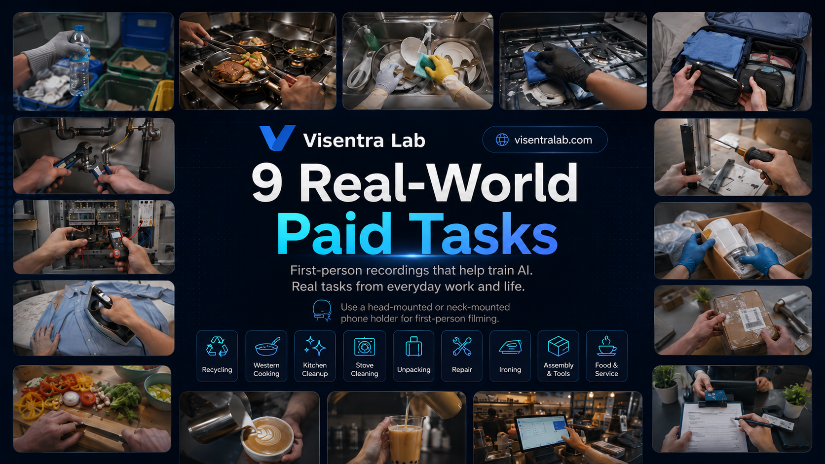 Visentra Lab 9 real-world paid tasks for first-person AI training recordings.
