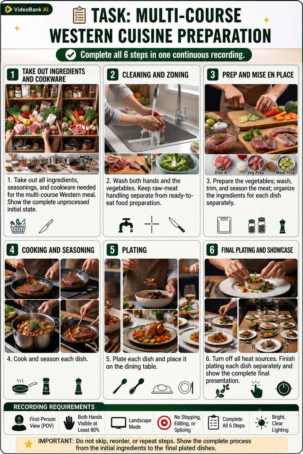 VideoBank AI multi-course Western cuisine task guide showing preparation, cooking, plating, and final presentation.